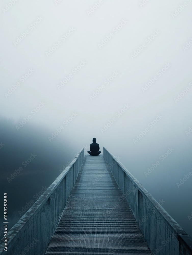 Poster lone figure sitting on foggy bridge evokes feelings of solitude and introspection in a serene natura