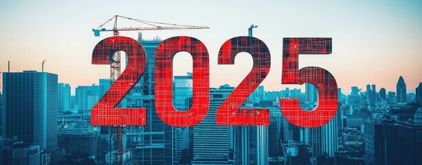 A city skyline with construction cranes and a bold "2025" overlay, symbolizing growth and future developments.
