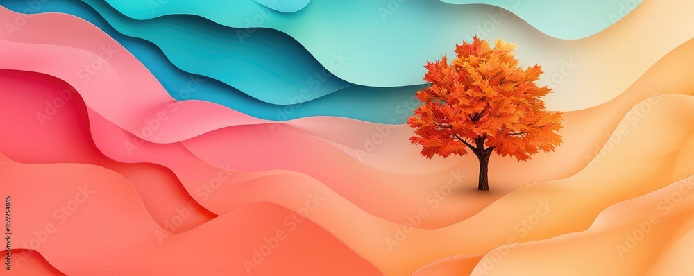 Poster maple tree abstract background concept. a vibrant abstract landscape featuring a solitary tree amids