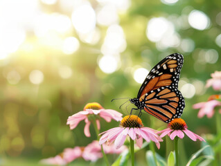 Fototapeta premium vibrant butterfly resting on pink flowers in sunny garden