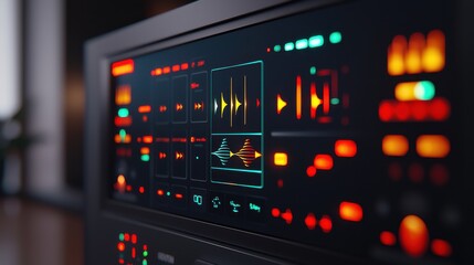 Modern Audio Control System Design Featuring Sleek Interface with Colorful Sound Wave Visuals and Intuitive User Interactions for Home Use