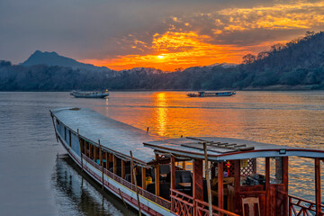 Laos, Luang Prabang. Mekong River Cruises. Tour tourism on ships and boats. Paradise tourist...