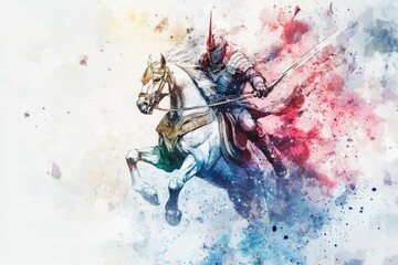 A person on horseback holds a sword, ready for action