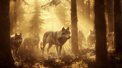 Majestic wolves in a sunlit forest setting