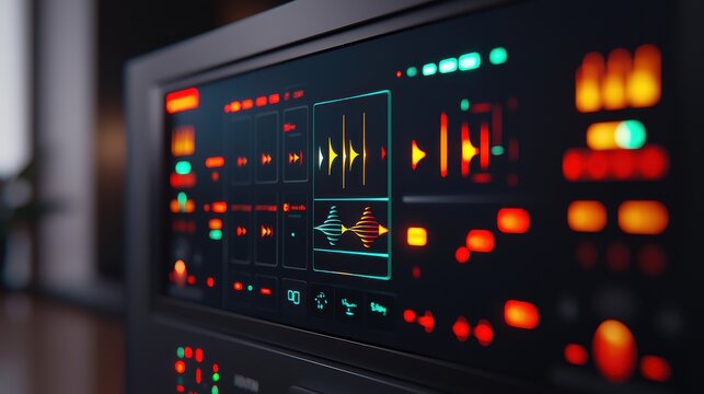 Modern Audio Control System Design Featuring Sleek Interface with Colorful Sound Wave Visuals and Intuitive User Interactions for Home Use