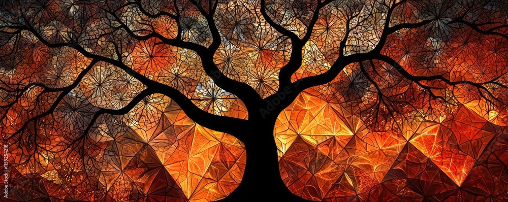 Poster mahogany tree abstract background idea. a vibrant abstract tree design with warm, colorful geometric
