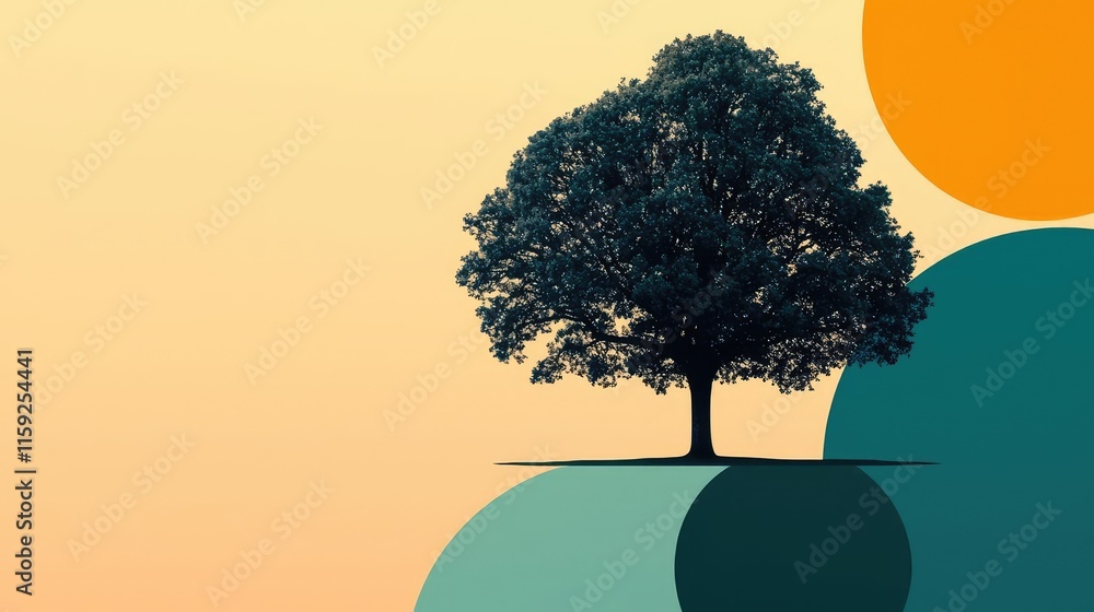 Poster oak tree abstract background idea. a stylized tree silhouette against abstract colored circles and a