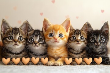 Five adorable kittens with big eyes sit in a row, separated by peach hearts against a beige background with scattered pink hearts.