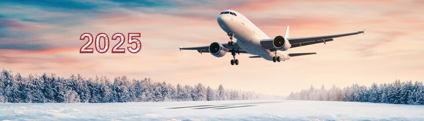 A plane takes off against a serene winter landscape, with the year 2025 prominently displayed, symbolizing travel and new beginnings.