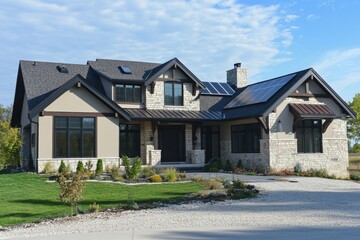 A modern farmhouse with a dark roof, tan stone walls, and black trim. There are solar panels on the gable of one side of the house. The home has large windows overlooking the green grass.