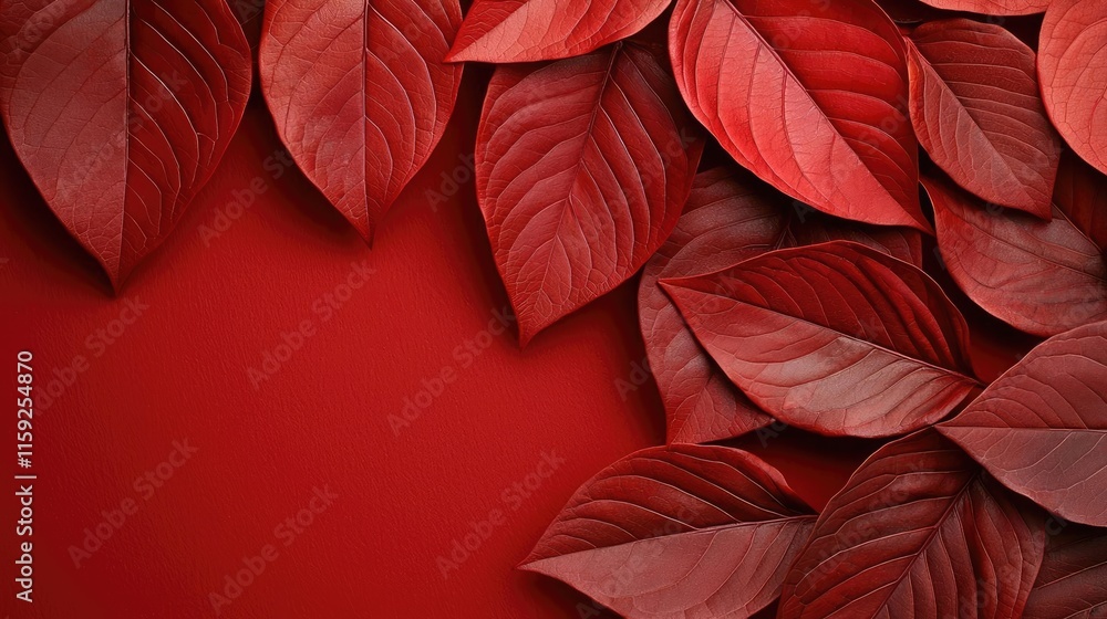 Poster mahogany tree abstract background idea. vibrant red leaves arranged artistically on a solid red back