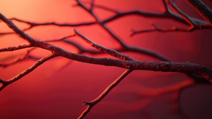 Mahogany tree abstract background idea. Close-up of tree branches silhouetted against a vibrant red sunset background.