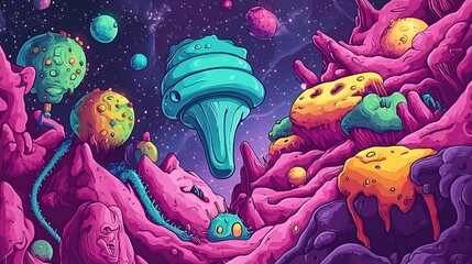 A vibrant alien landscape with colorful planets and surreal formations.