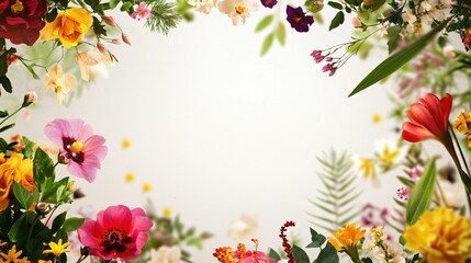 Fototapeta premium Vibrant Floral Frame with Colorful Flowers and Botanical Elements on Light Background