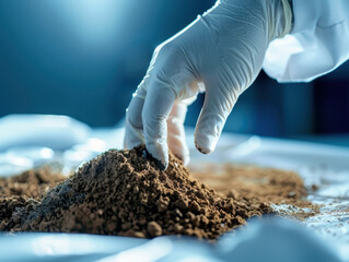 scientist gloved hand carefully examines soil in lab setting