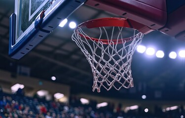 A basketball is going through the net with a crowd cheering in the background. Wallpaper AI generated image