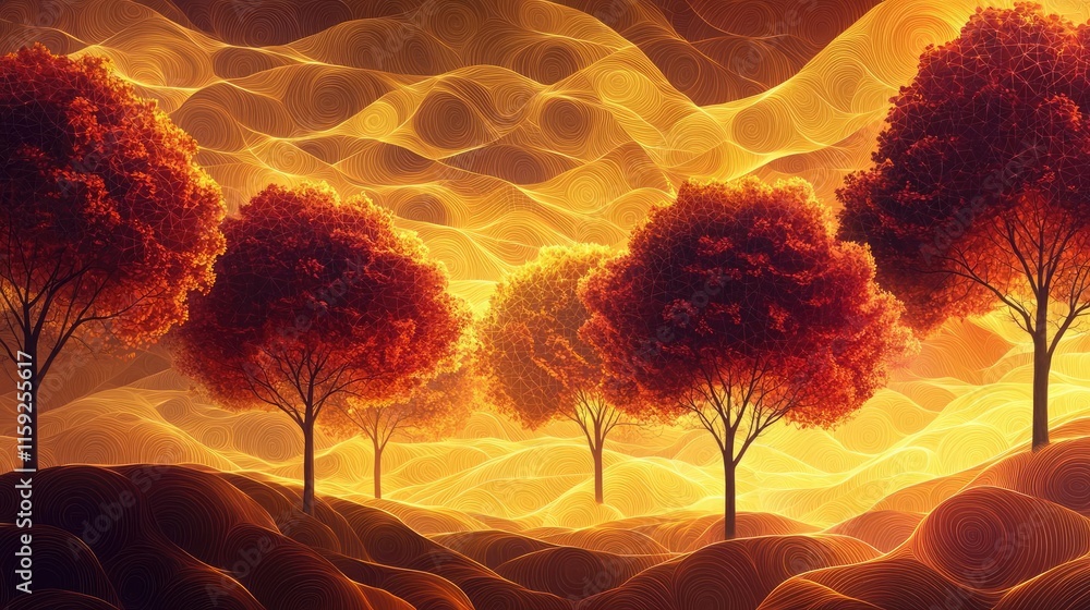 Poster mahogany tree abstract background idea. vibrant autumn landscape with glowing trees against a warm, 