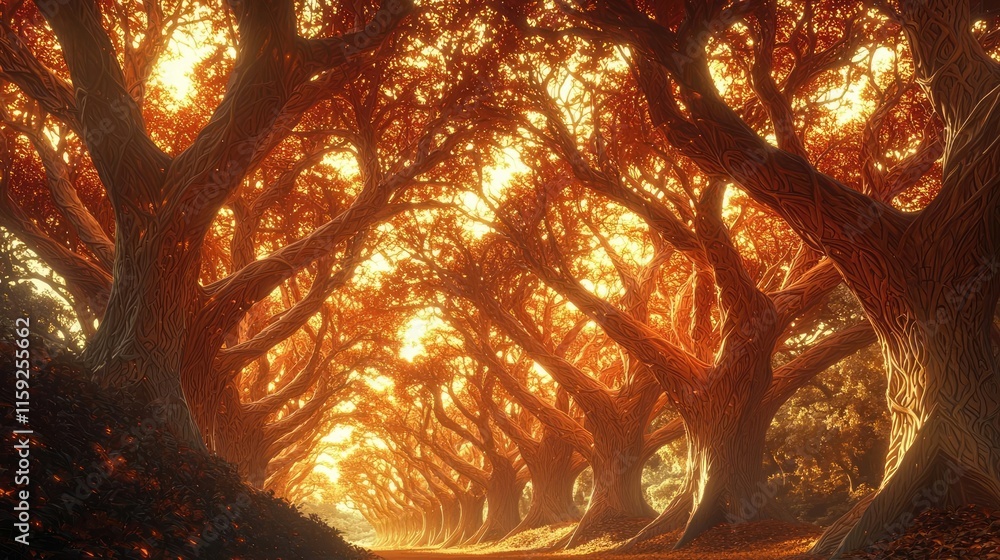 Poster mahogany tree abstract background idea. a serene pathway lined with trees displaying vibrant autumn 