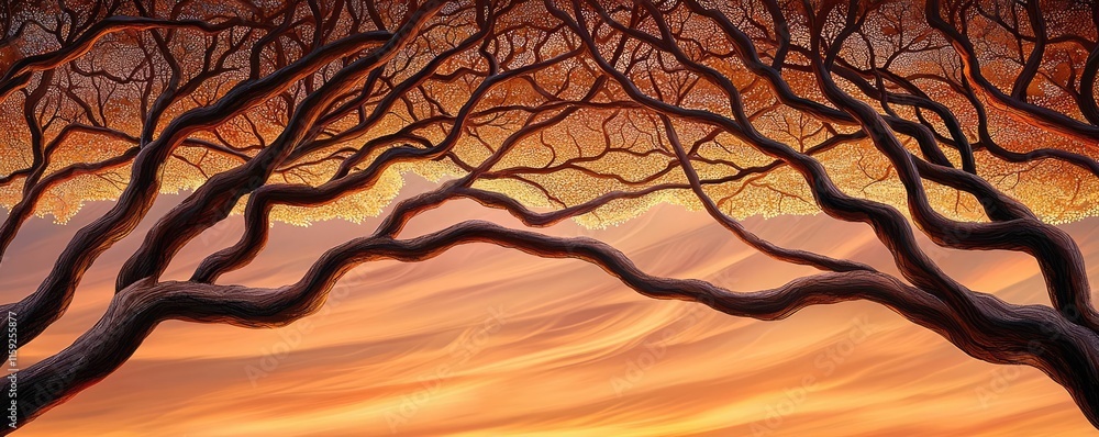 Poster mahogany tree abstract background idea. a serene sunset framed by intricate tree branches, creating 