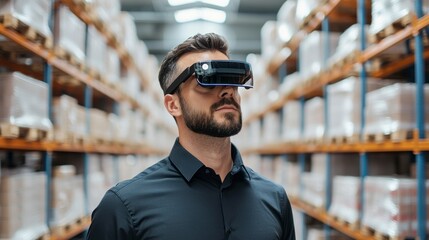 A Man Using Augmented Reality Glasses in a Modern Warehouse, Overseeing Operations and Enhancing Productivity with Innovative Technology