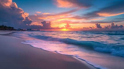 Stunning sunset at an idyllic caribbean beach in cancun, riviera maya, mexico with vibrant skies and turquoise waters