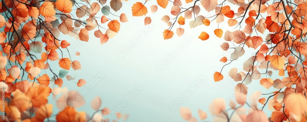 Poster maple tree abstract background concept. a beautiful frame of autumn leaves surrounding a serene blan
