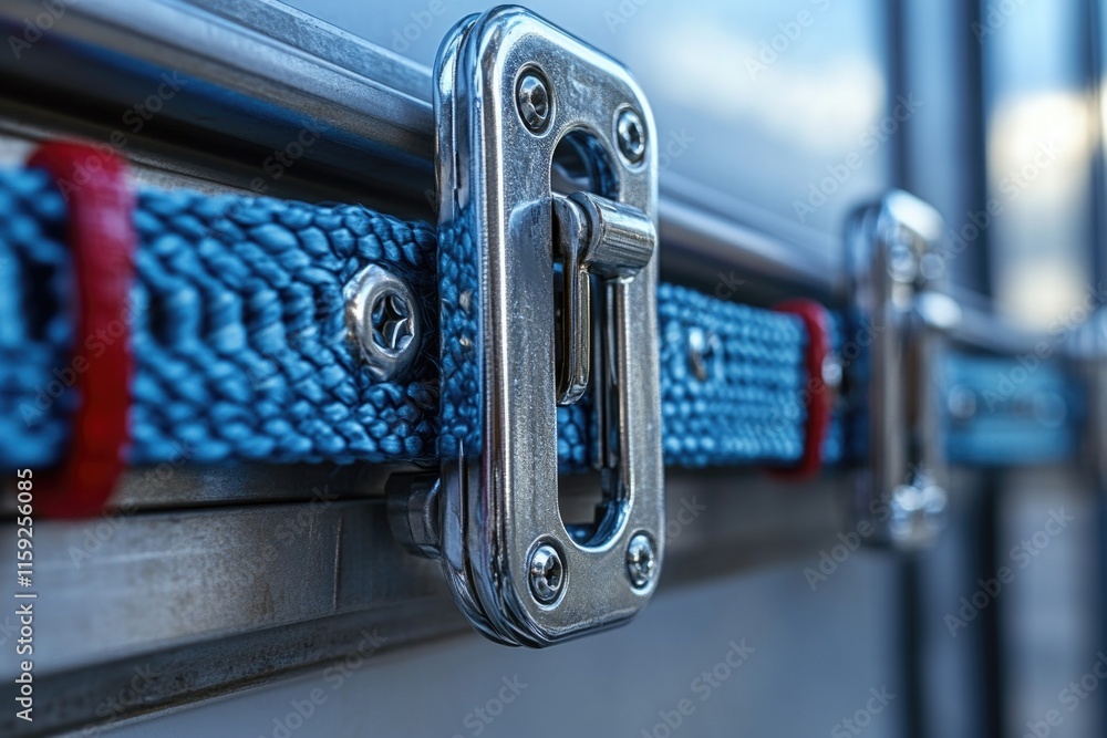 Poster a close-up view of a blue and red suitcase with intricate details