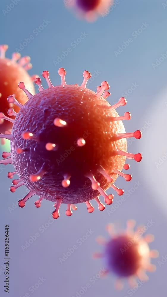 Poster microscopic view of virus particles floating against a soft background in a scientific illustration