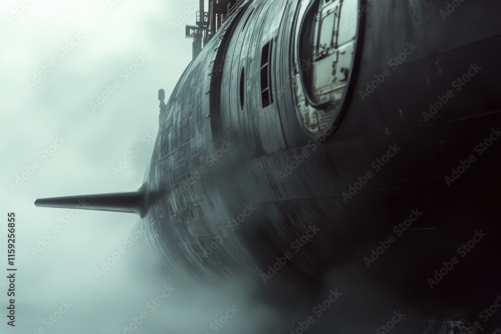 Poster a large submarine floats on the surface of the ocean on a cloudy day, offering a unique perspective