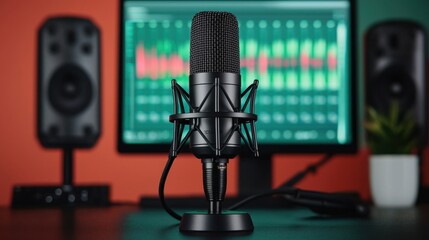 Close-up of a black microphone on a desk with audio equipment, featuring a vibrant background...