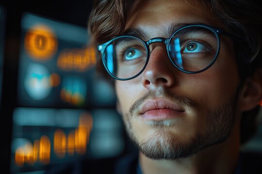 A close-up view of a person's face with glasses, suitable for portraits or identification purposes