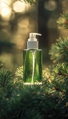 Product photography: a bottle of green facial toner with a white pump, placed on top of a pine tree branch in a forest setting. The background is clean, with soft lighting