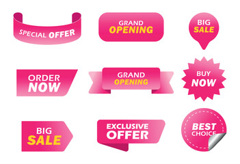 Best choice, order now, special offer, free delivery sale banners. Pink ribbons, tags and stickers. Vector illustration for business purpose