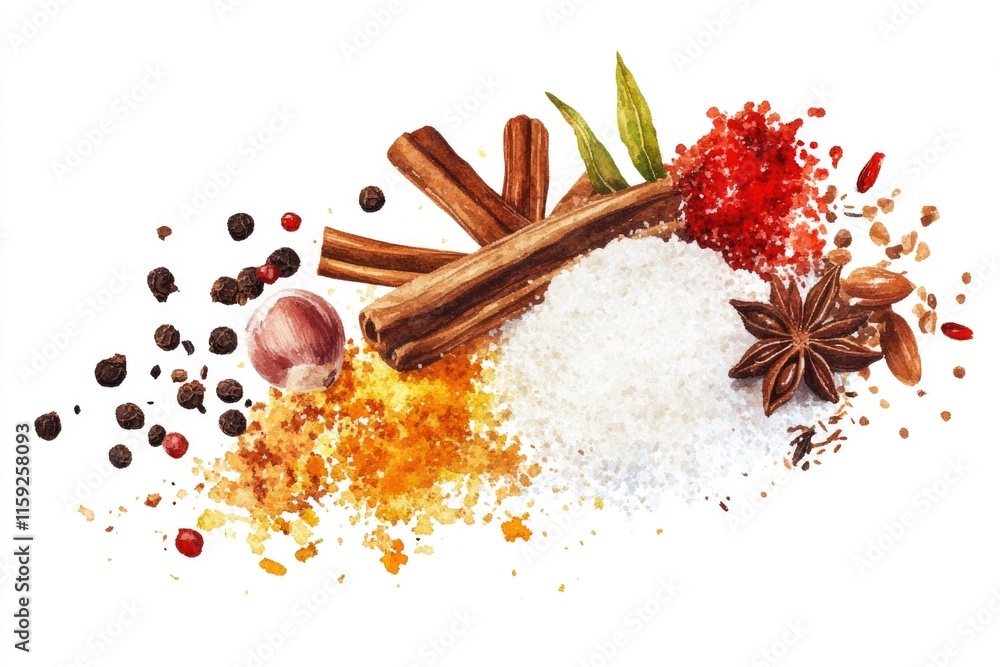 Poster a collection of various spices and herbs arranged neatly on a white surface