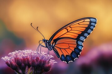 Obraz premium A close-up view of a butterfly perched on a colorful flower, with its wings spread out