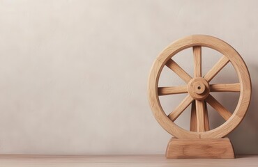 Obraz premium handmade woodwork tradition. Wooden spinning wheel, showcasing traditional craftsmanship and natural finishes, Handmade wooden spinning wheel, Heritage and functional