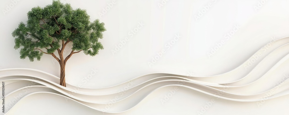 Poster oak tree abstract background idea. a minimalist scene featuring a tree beside flowing, abstract line