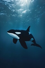 Orca swimming underwater with sun rays.