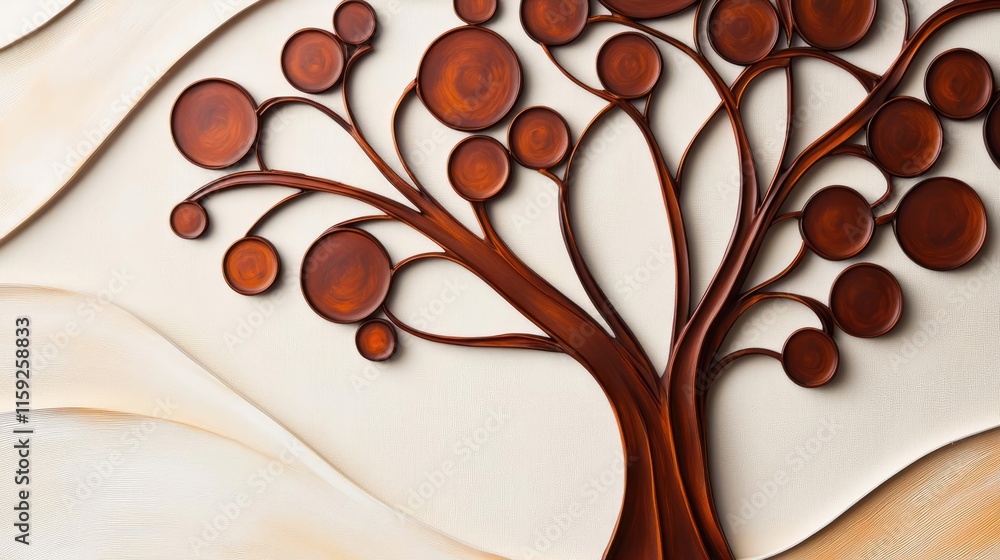 Poster mahogany tree abstract background idea. stylized tree design with circular leaves on a textured back