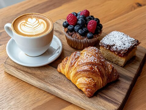 coffee and bakery. A chic bistro menu featuring specialty coffees like cappuccinos and lattes, paired with bakery items such as croissants and muffins