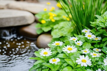 Tranquil Garden Scene with White Daisies and Lush Greenery by Water Feature