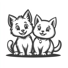 Adorable cartoon puppy and kitten sitting together.