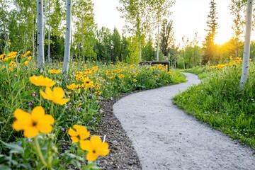 Obraz premium Serene Pathway Through Vibrant Wildflowers Under Gentle Morning Sunlight
