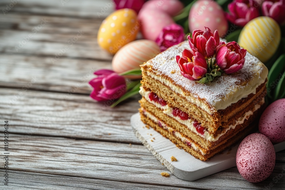 Poster a slice of cake topped with colorful flowers, perfect for special occasions and events