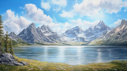 Naklejka premium Majestic Mountain Landscape with Clear Lake and Bright Blue Skies