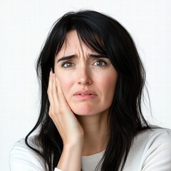 A woman with long black hair shows a worried expression while holding her face in a simple indoor space with neutral colors. The lighting is soft and natural