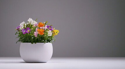 Naklejka premium Vibrant Flower Pot with Colorful Blooms Against a Minimalist Background