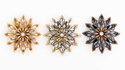 Three decorative floral designs featuring intricate patterns and a central gem.