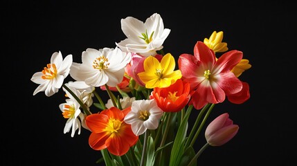 Naklejka premium Vibrant Bouquet of Colorful Flowers with Tulips and Daisies on Black Background