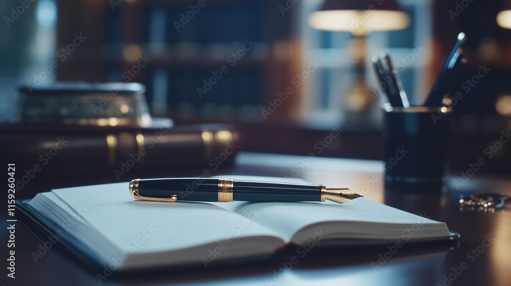 Poster Luxury fountain pen with gold accents resting on an open notebook in an elegant study setting. Generative AI